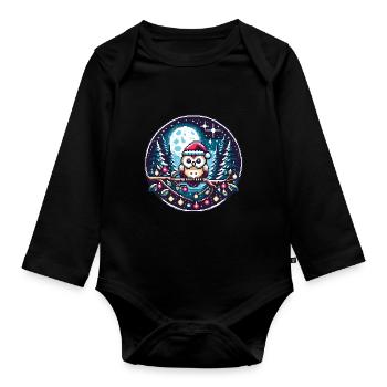 Süße Eule mit Nikolausmütze sitzt auf einem Ast - Baby Bio-Langarm-Body - Schwarz - Vorne