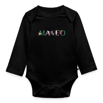MATEO Namenskunst mit gestickten Blumen - Baby Bio-Langarm-Body - Schwarz - Vorne