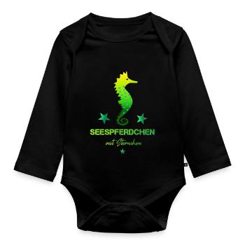 Seahorse with asterisk swimming badge - Organic Longsleeve Baby Bodysuit - black - Front
