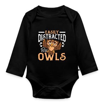 Easily Distracted By Owls Owl Pun Ornithologist Bi - Baby Bio-Langarm-Body - Schwarz - Vorne