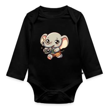 Elefantenfotografie Kleiner Shutterbug Elefant - Baby Bio-Langarm-Body - Schwarz - Vorne
