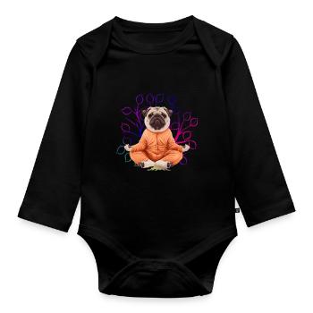 Pug Meditates Lotus Tree of Life Meditation - Organic Longsleeve Baby Bodysuit - black - Front
