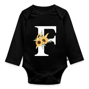 Buchstabe f Blumen-Sonnenblume - Baby Bio-Langarm-Body - Schwarz - Vorne