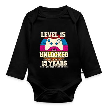 Original 2009 15 Year Old Level 15 Unlock - Organic Longsleeve Baby Bodysuit - black - Front