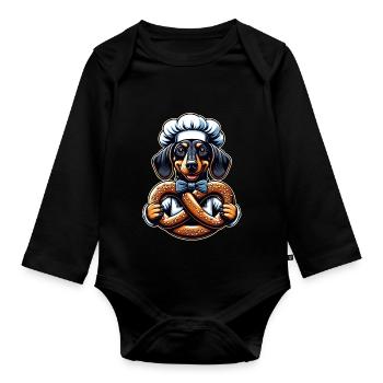 Teckel avec chapeau de boulanger et grand bretzel - Body Bébé bio manches longues - noir - Devant