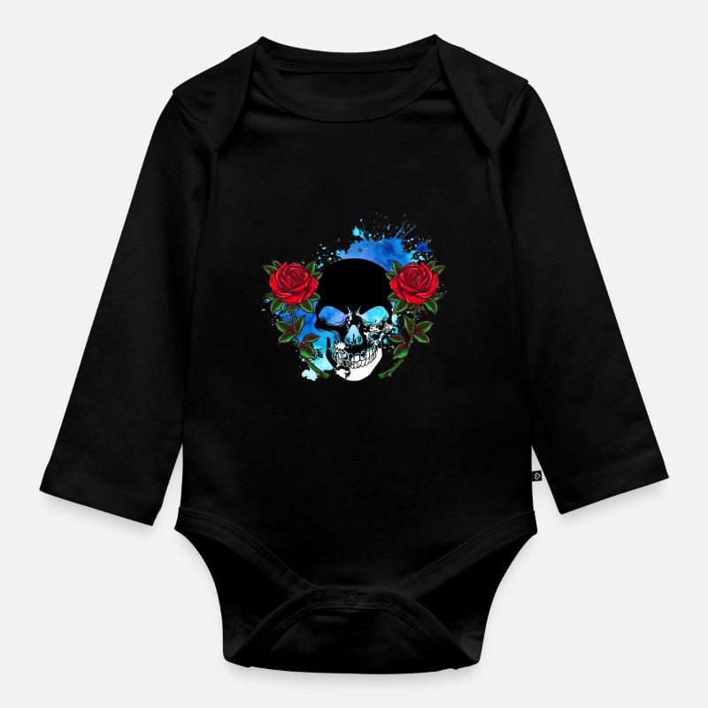 Tête de mort Skull Crâne de mort Rose Fleurs Splash - Body Bébé bio manches longues - noir