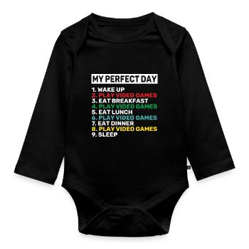 My Perfect Day Wake Up Play Video Games Eat Breakf - Baby Bio-Langarm-Body - Schwarz - Vorne