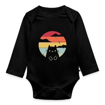 Funny cat in retro style - Organic Longsleeve Baby Bodysuit - black - Front