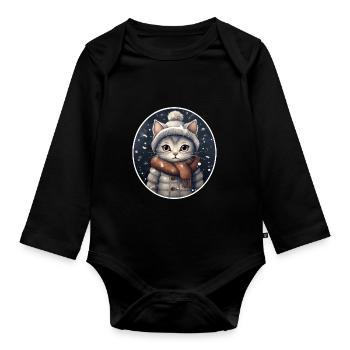 Cat with hat, scarf and jacket in snowfall - Organic Longsleeve Baby Bodysuit - black - Front