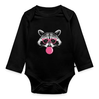Raccoon Blows Bubblegum - Cute Bubblegum Raccoon - Organic Longsleeve Baby Bodysuit - black - Front