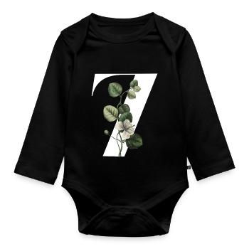 Nummer 7 Blumengrün -7. Blumengeburtstag - Baby Bio-Langarm-Body - Schwarz - Vorne