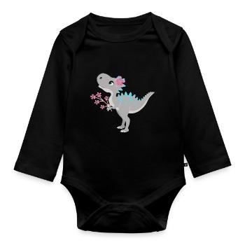 Dinosaure dinosaure T-Rex fille bouquet fleur - Body Bébé bio manches longues - noir - Devant