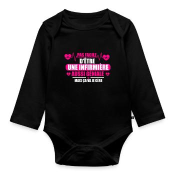 Pas facile d'être une infirmière géniale - Body Bébé bio manches longues - noir - Devant