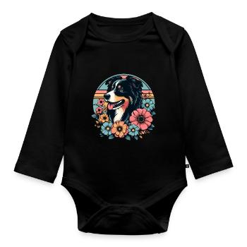 Australian Shepherd black tri pastel retro flowers - Organic Longsleeve Baby Bodysuit - black - Front