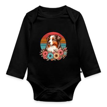Australian Shepherd red merle pastel retro flowers - Organic Longsleeve Baby Bodysuit - black - Front
