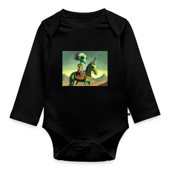 mignon petit extraterrestre rétro vert chevauchant un cheval - Body Bébé bio manches longues - noir - Devant