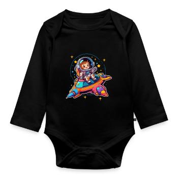 Kleine Astronautin in buntem Raumschiff - Baby Bio-Langarm-Body - Schwarz - Vorne