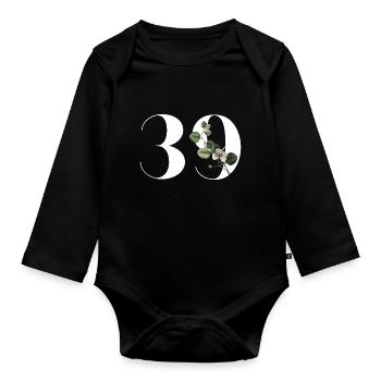 Nummer 39 Blumengrün - 39. Blumengeburtstag - Baby Bio-Langarm-Body - Schwarz - Vorne