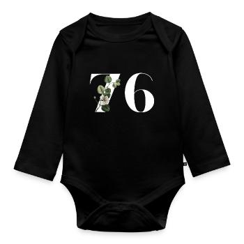 Nummer 76 Blumengrün - 76. Blumengeburtstag - Baby Bio-Langarm-Body - Schwarz - Vorne