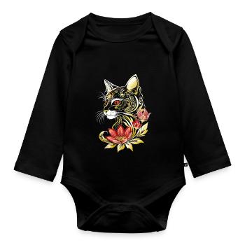 Chat Chat Chaton Fleurs Fleurs Chats Chat - Body Bébé bio manches longues - noir - Devant