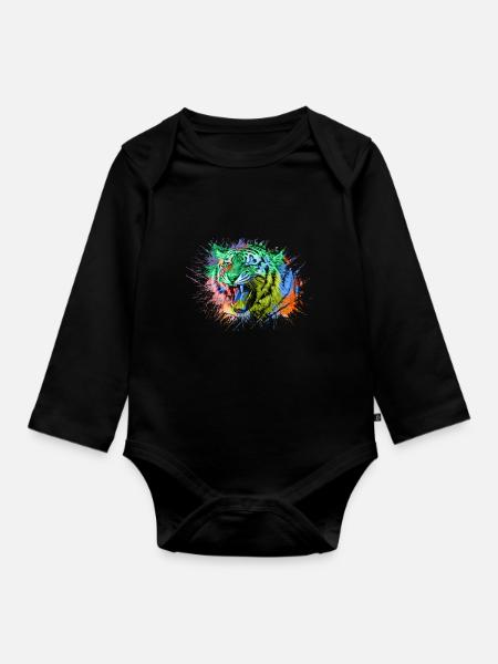 Tiger Regenbogen Bunt Tiere - Baby Bio-Langarm-Body - Schwarz