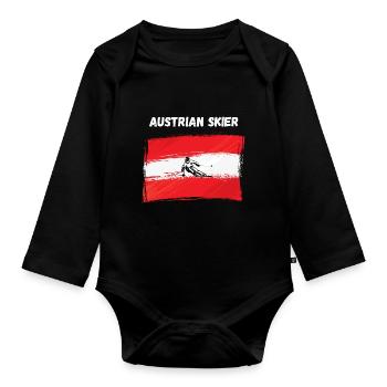 Schifahrer skier Österreich Austria Almhütte Apres - Baby Bio-Langarm-Body - Schwarz - Vorne