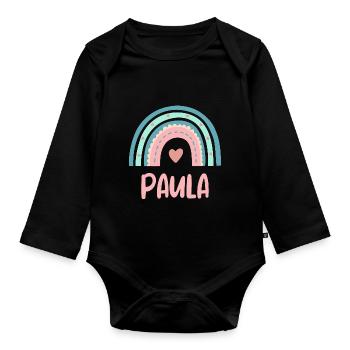 Paula Name Regenbogen Baby - Baby Bio-Langarm-Body - Schwarz - Vorne