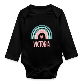 Victoria Name Regenbogen Baby - Baby Bio-Langarm-Body - Schwarz - Vorne