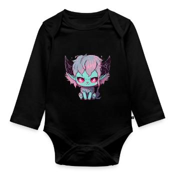 Chibi Dämon Katze mit satanischen Augen - Kawaii - Baby Bio-Langarm-Body - Schwarz - Vorne
