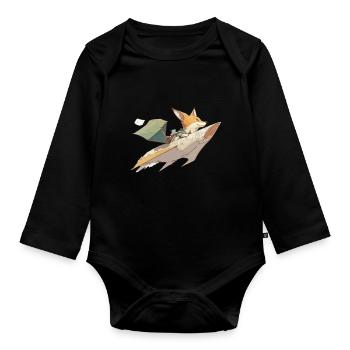 Haki the fox and his paper plane - Organic Longsleeve Baby Bodysuit - black - Front