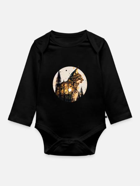 Luchs mit Mond im Wald mit Muster - Baby Bio-Langarm-Body - Schwarz