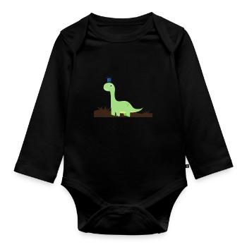 Dino im Gras | Geschenk, Geschenkidee - Baby Bio-Langarm-Body - Schwarz - Vorne