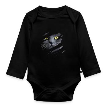 Grey Cat tearing through, Love Cats - Organic Longsleeve Baby Bodysuit - black - Front