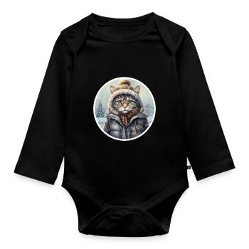 Chat avec chapeau, écharpe et veste dans la neige - Body Bébé bio manches longues - noir - Devant