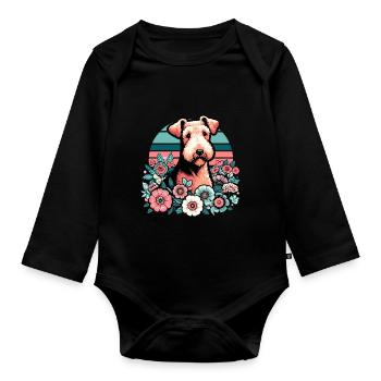 Airedale Terrier Retro Pastell Blumen - Baby Bio-Langarm-Body - Schwarz - Vorne