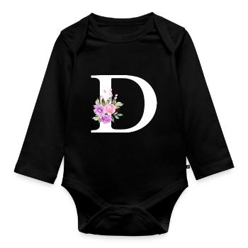 Lila Blumenbuchstabe D - Baby Bio-Langarm-Body - Schwarz - Vorne