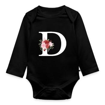 Lettre D floral rouge - Body Bébé bio manches longues - noir - Devant