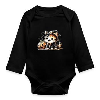 Chat d’Halloween avec citrouille - Body Bébé bio manches longues - noir - Devant