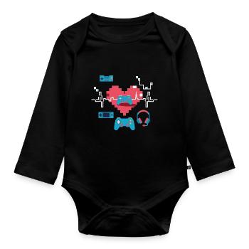 Retro Gaming Heart Gift Idea Heartbeat - Organic Longsleeve Baby Bodysuit - black - Front