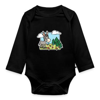 Kleiner Esel freut sich! Blumen blühen so schön! - Baby Bio-Langarm-Body - Schwarz - Vorne