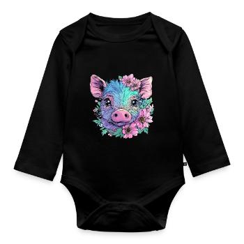Mignon cochon pastel avec des fleurs - Body Bébé bio manches longues - noir - Devant