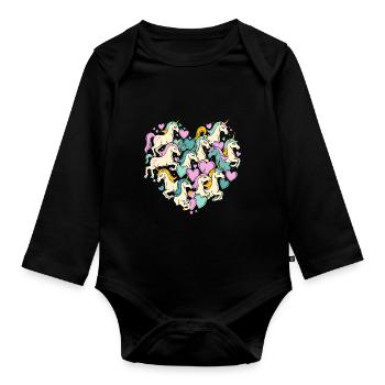 Einhorn Einhörner Herz Herzform Liebe Bunt Süß - Baby Bio-Langarm-Body - Schwarz - Vorne