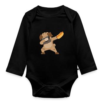 DAB HOT DOG - Hund - Essen lecker - Mops - Baby Bio-Langarm-Body - Schwarz - Vorne