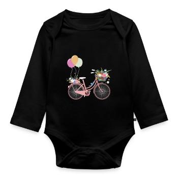Bicycle flowers balloon pink wheel - Organic Longsleeve Baby Bodysuit - black - Front