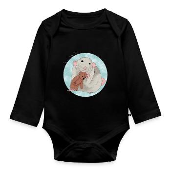 Cute rat with teddy bear - Organic Longsleeve Baby Bodysuit - black - Front