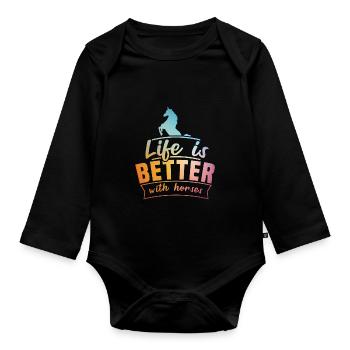 Das Leben ist besser mit Pferden Design Horsing Shirt - Baby Bio-Langarm-Body - Schwarz - Vorne
