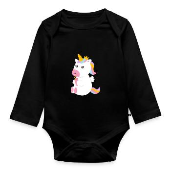 Licorne assise sucrée avec boisson - Body Bébé bio manches longues - noir - Devant