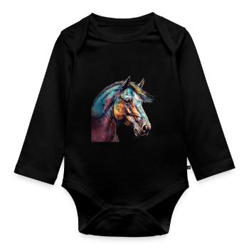 Idée passion chevaux cavalière aquarelle splash - Body Bébé bio manches longues - noir - Devant
