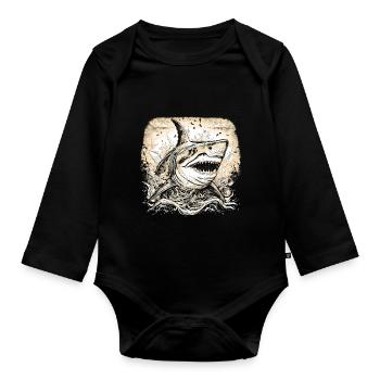 Cool retro shark just jumping out of the water - Organic Longsleeve Baby Bodysuit - black - Front