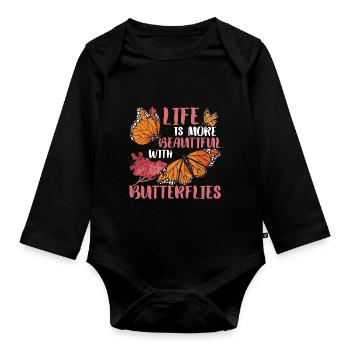 Life Is More Beautiful With Butterflies - Organic Longsleeve Baby Bodysuit - black - Front